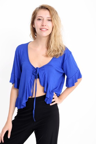 Womens Short Sleeve Ladies Frill Tie Cropped Cardigan Bolero Shrug Top Plus Size - Picture 11 of 13