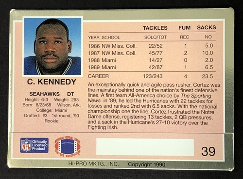 Actualización de novato 1990 llena de acción #39 Cortez Kennedy RC como nueva cantidad - Imagen 2 de 2