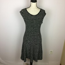 Ann Taylor Loft A-line Shift Dress XS Womans Black White Striped Knit Cap Sleeve