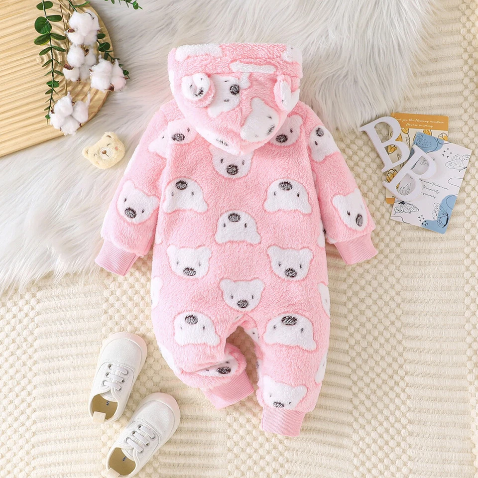 Newborn Baby Girls Keep Warm Bear Hooded Romper Jumpsuit Outfit Clothes - Изображение 4 из 4