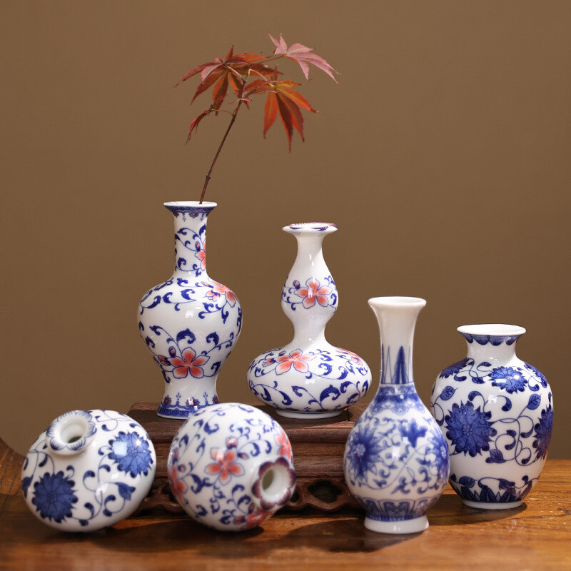 青と白の花柄 陶器花瓶 金縁付き Chinese Blue White Porcelain Vase Retro Pottery Flower Vase Crafts