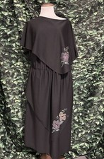 Floral Tiered Dress Single Shoulder Sleeveless Polyester Black Vintage 1980s