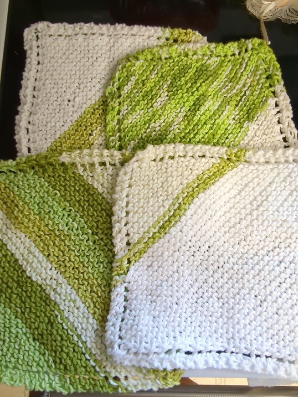 Handmade Knitted Dishcloths Green And White Set Of 4