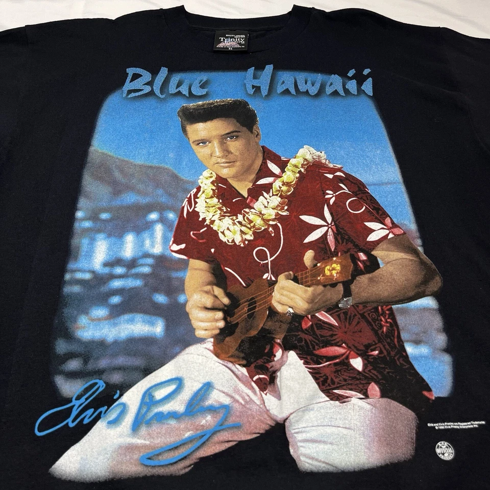 CAMISETA NEGRA VINTAGE 1996 AZUL HAWAII ELVIS PRESLEY HOMBRE TALLA XL HECHA EN EE. UU. Foto 2 de 4