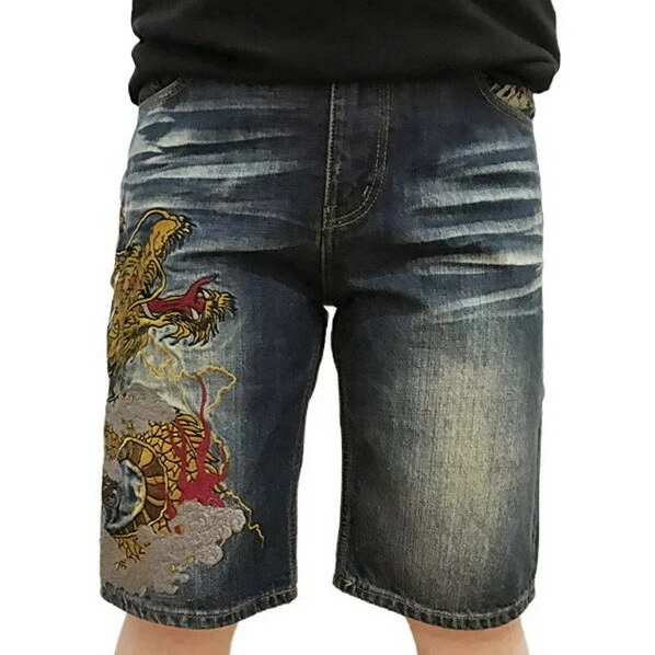 Men's Embroidered Jeans, Vintage Japanese Ukiyo-e Embroidered Blue