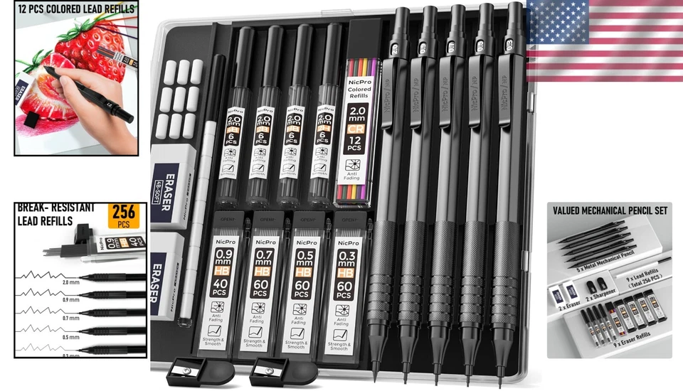 Lápices mecánicos de dibujo de precisión, 5 tamaños y 12 cables de color incluidos Foto 2 de 4