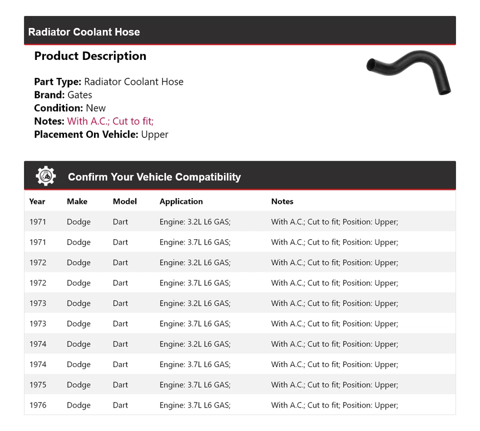 Manguera de refrigerante de radiador para Dodge Dart 1971-1976 puertas superiores 1972 1973 1974 1975 Foto 2 de 4