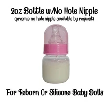2 Ounce Sealed Reborn Or Silicone Baby Bottle Faux Formula w/ NO HOLE NIPPLE