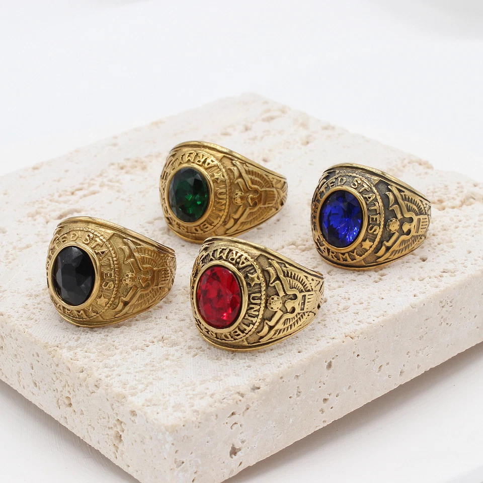 Anillo de piedra militar para hombre de acero inoxidable del ejército de los Estados Unidos banda ovalada talla 7-12 Foto 2 de 4