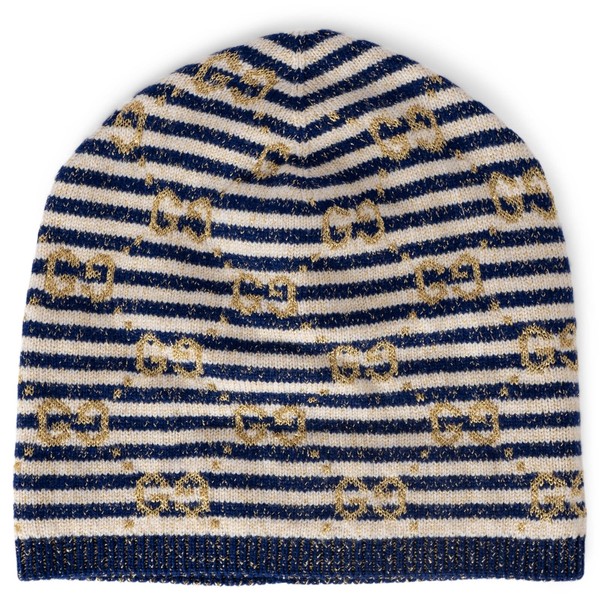 70583 authentische GUCCI marineblau creme gold GG LAMÉ STRICK BEANIE Mütze