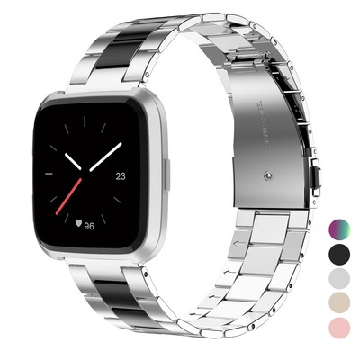 black fitbit versa with silver band