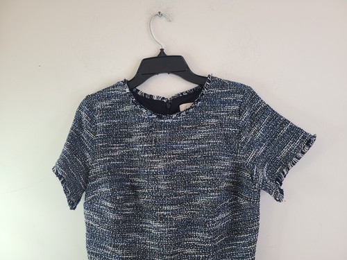 Vestido Loft Boucle Tweed Para Mujer Talla 0 Bolsillos Manga Corta Azul Blanco Cremallera Trasera - Imagen 3 de 12