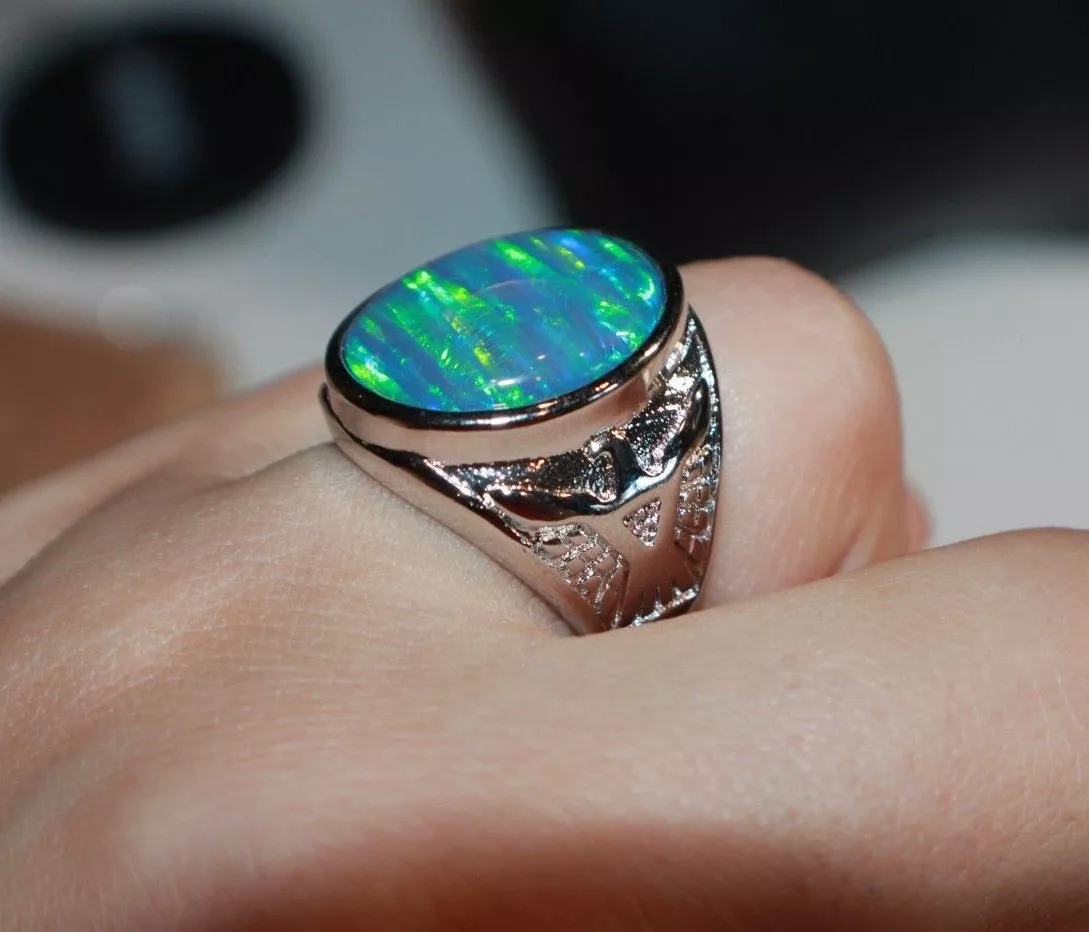 blue fire opal ring Sz 6 gemstone silver jewelry men women evening cocktail
