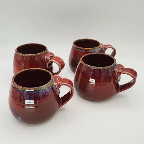 Vtg Signed Oxblood Red Studio Crafted Ceramic Pottery Mugs Set (4)