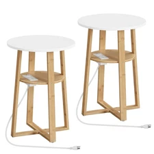 Set of 2 Round Side Tables with Charging Station, Round Accent End Table with...