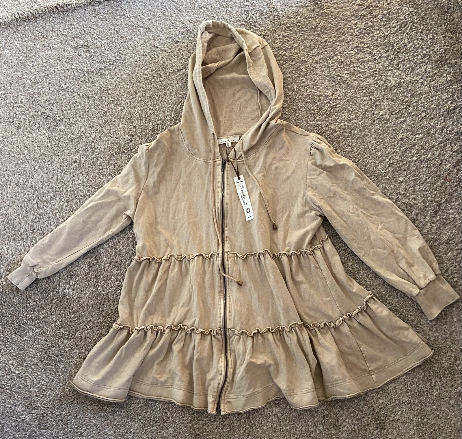 Solitaire Ravi Khosla Boho Ruffle Tiered Zip Hooded Jacket Tan Hand-made XL NWT