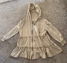 Solitaire Ravi Khosla Boho Ruffle Tiered Zip Hooded Jacket Tan Hand-made XL NWT