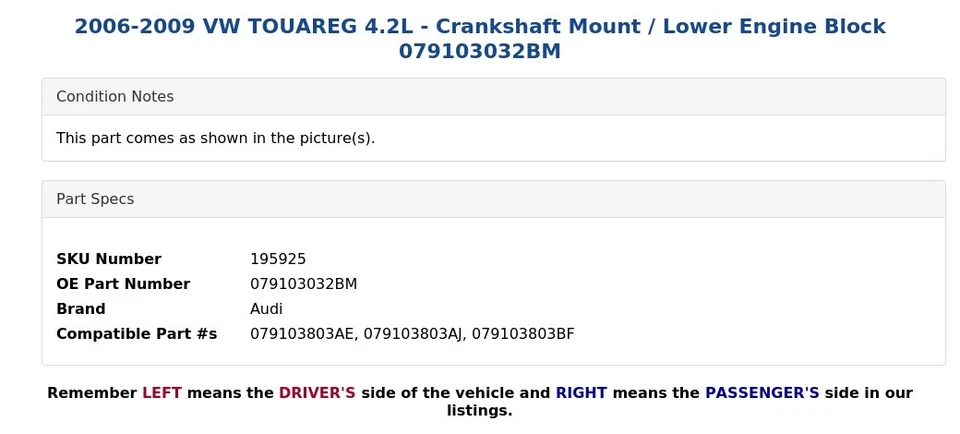 VW TOUAREG 2006-2009 4,2 L - Montaje del cigüeñal/bloque inferior del motor 079103032BM Foto 3 de 4