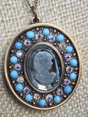 Hand Crafted Artisan Cameo Pendant Necklace Rhinestone Victorian Style Signed