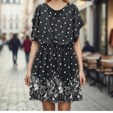 Shelby & Palmer Black Polka Dot Midi Dress Floral Elastic Flare Boho Casual 14W