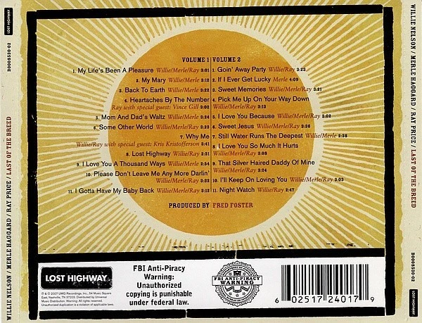 Willie Nelson,Merle Haggard Ray Price - Last Of The Breed - 2007  2CD - Made USA - Bild 2 von 4