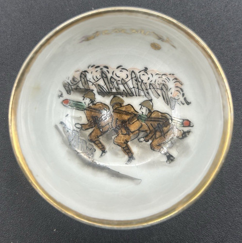 Vtg. Imperial Japan Military Sake Cup w/ Images of Soldiers, Land & Sea War