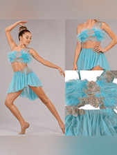 Glamour Solo Dance Costume Aqua Blue Feather jazz Broadway 2 Piece XLC Child SA