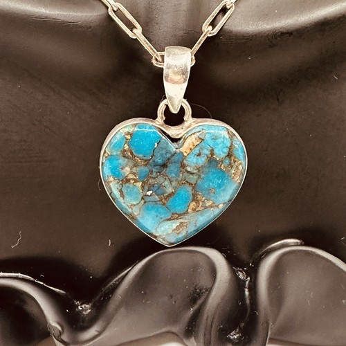 Vintage Estate Turquoise Sterling Silver Heart Pendant Necklace 16" Paperclip - Imagen 3 de 15