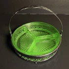 Uranium Glass UV Depression Green Divided Candy Nut Relish Dish w/ Metal Carrier