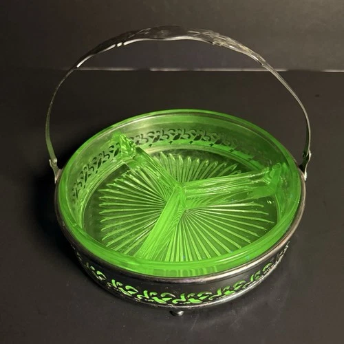 Uranium Glass UV Depression Green Divided Candy Nut Relish Dish w/ Metal Carrier