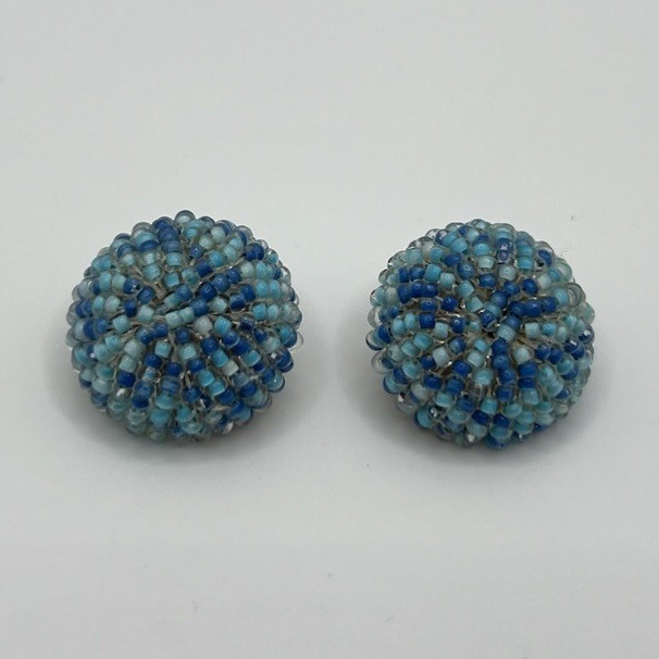 Vintage Hand Tied Blue Glass Seed Bead Dome Clip-On Round Earrings Made In Italy