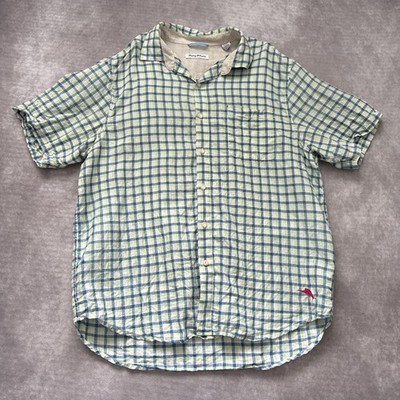 Tommy Bahama Linen Shirt Mens Large Blue Green Plaid Short Sleeve Button Up