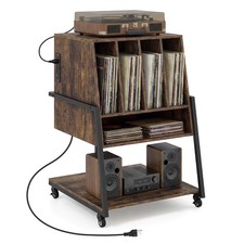 Record Player Stand with Charging Station, Vinyl Record Storage Organizer Brown