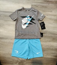 NEW Boys Nike Dri-fit activewear athletic logo tee shorts set Blue gray