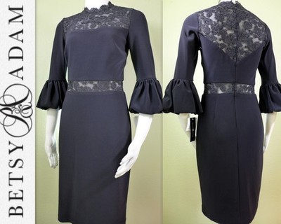 BETSY & ADAM size 4 Lace Yoke Iserts Bell Sleeve Sheath Dress NEW Made in USA