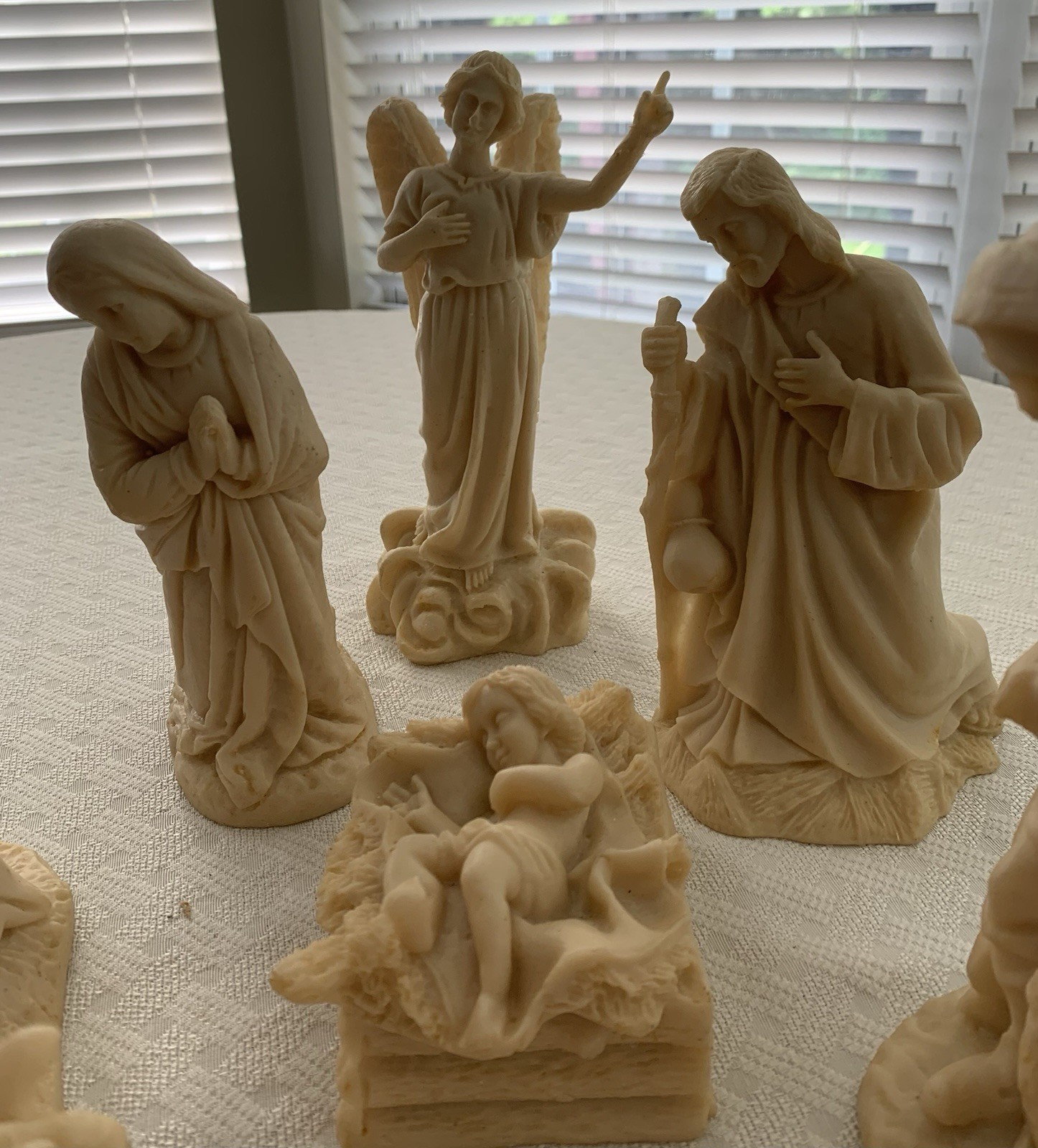 Vintage Hand Carved Nativity Scene Soap/Sand Stone White Ivory 10 Pieces 8” Tall