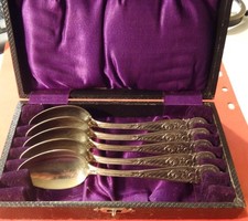 Antike Kaffeel&ouml;ffel 5 St&uuml;ck in Box 12-l&ouml;tiges Silber 750er 122,3 g vor 1900 !