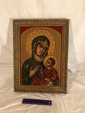 Icona Madonna con Bambino Ricamata Punto Croce Cornice Vintage Dorata Arte Sacra