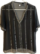 Women's Med BKE Boutique Black Sequined Sheer Top Holiday