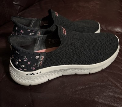 Skechers Slip-ins Go Walk Flex Womens Slip On Sneakers Black W/Floral Heel US 11