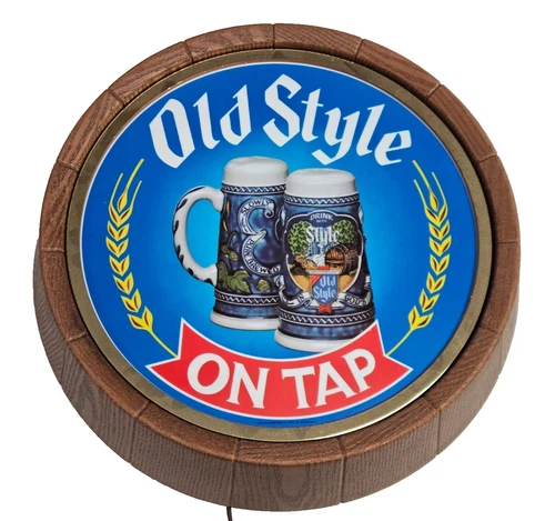Vintage 1983 Old Style on Tap Beer Lighted Barrel 16" Round Sign Stein NOS