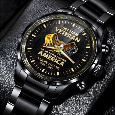 Personalized Vietnam Veteran Proud to Have Served Black Stainless Steel Watch