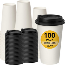 100 Pack 16 oz Disposable Coffee Cups with Lids Hot Paper To Go Cups White