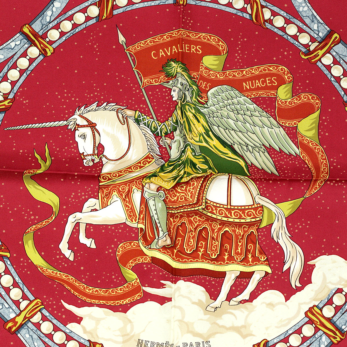 エルメス カヴァリエ・デ・ヌアージュ スカーフ Hermes Scarf CAVALIERS DES NUAGES 90cm Silk Carre Red Bordeaux