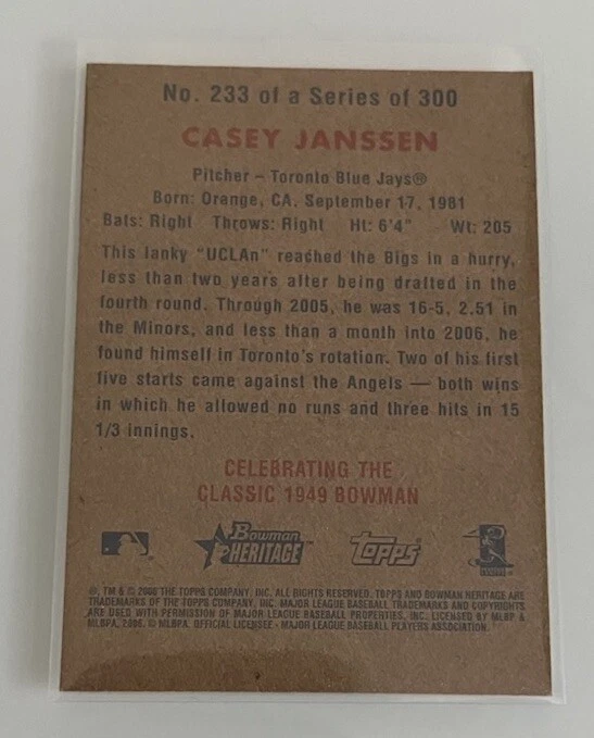 2006 Bowman Heritage Casey Janssen 233 Rookie RC Auto Autograph Signed Blue Jays - Image 2 of 2