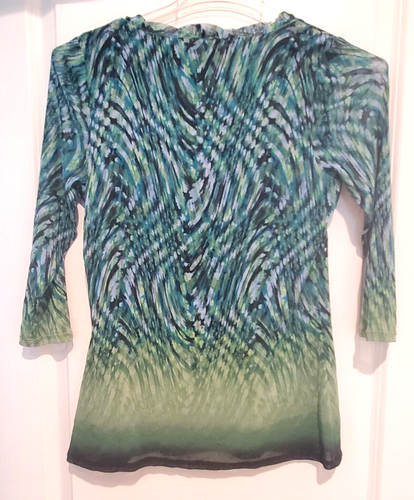 Axcess Liz Claiborne Shirt Womens Medium Green Geometric 3/4 Sleeves Top - Picture 5 of 5
