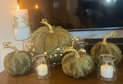 Green Velvet Pumpkins Gold Glitter Stems Decor Halloween Thanksgiving Fall 
