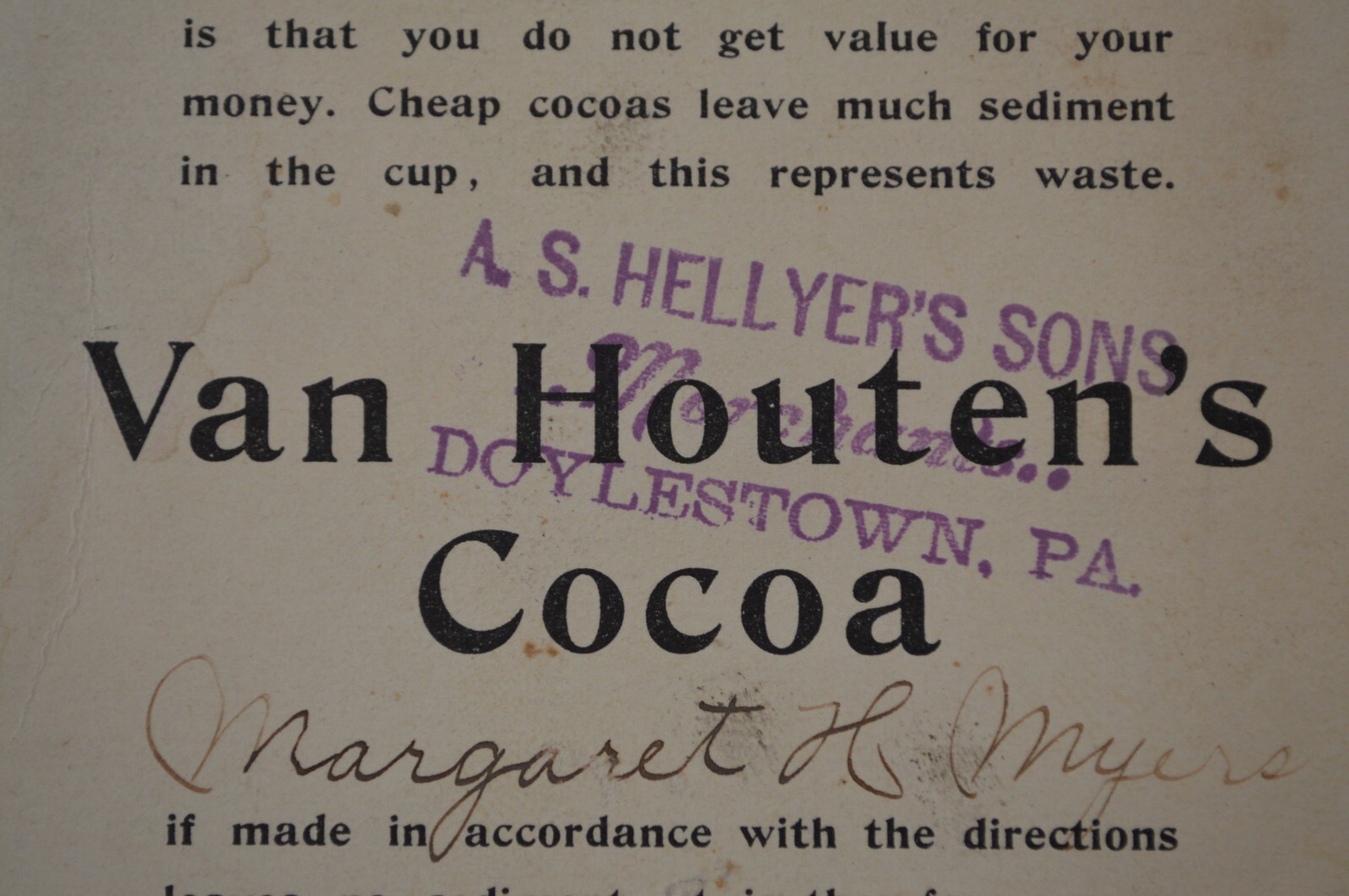 A.S. Hellyer's Sons Doylestown Bucks County PA Trade Card for Van Houten's Cocoa