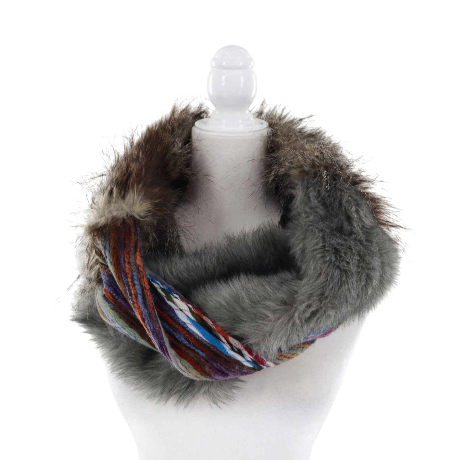 Gray Boho Cable Knit Faux Fur Infinity Scarf Warm Mixed Media Bohemian Style