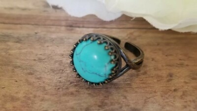 Adjustable Turquoise ring, howlite, bronze, stone, renaissance style Victorian 